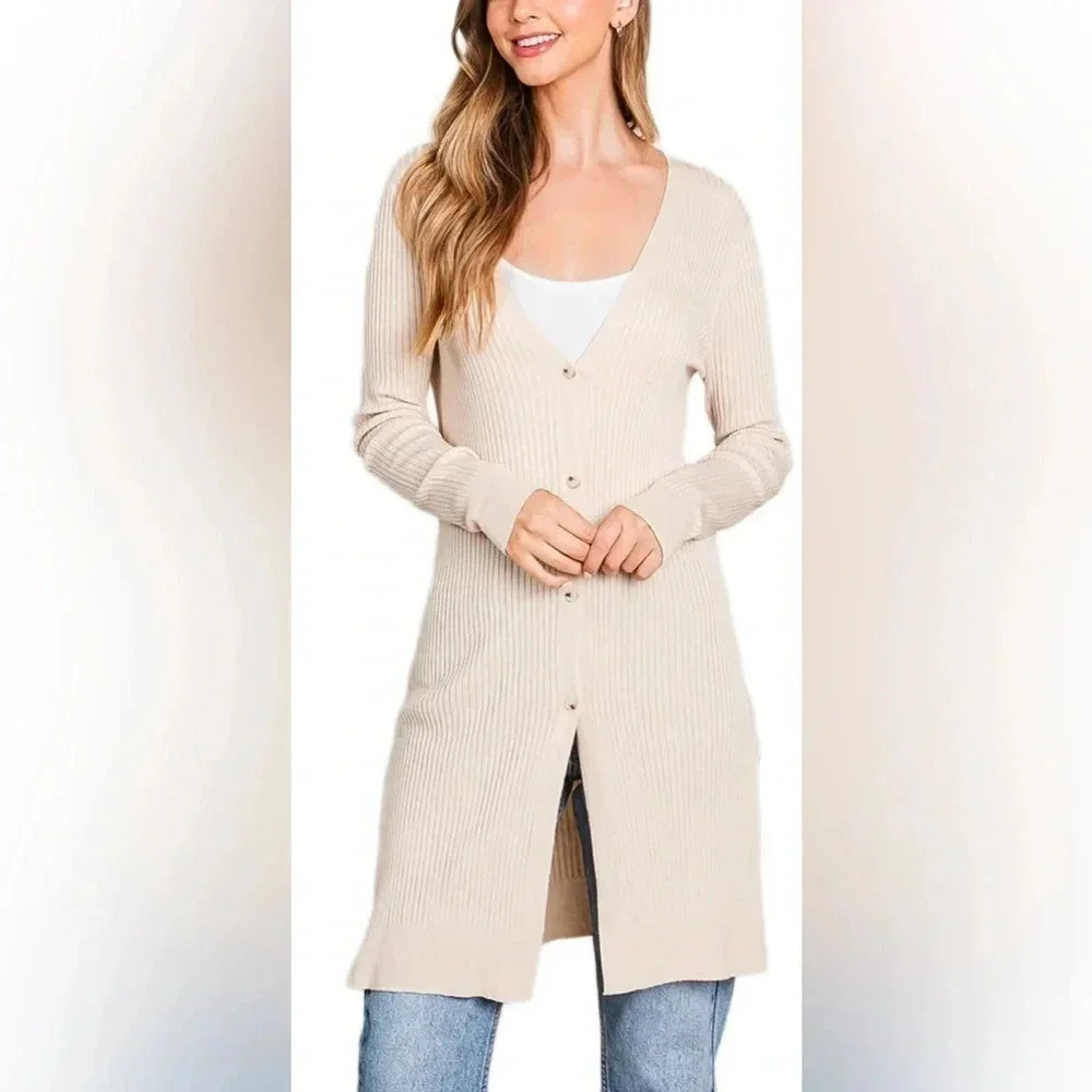 Becool Long Ribbed Cardigan Sweater Sz M
